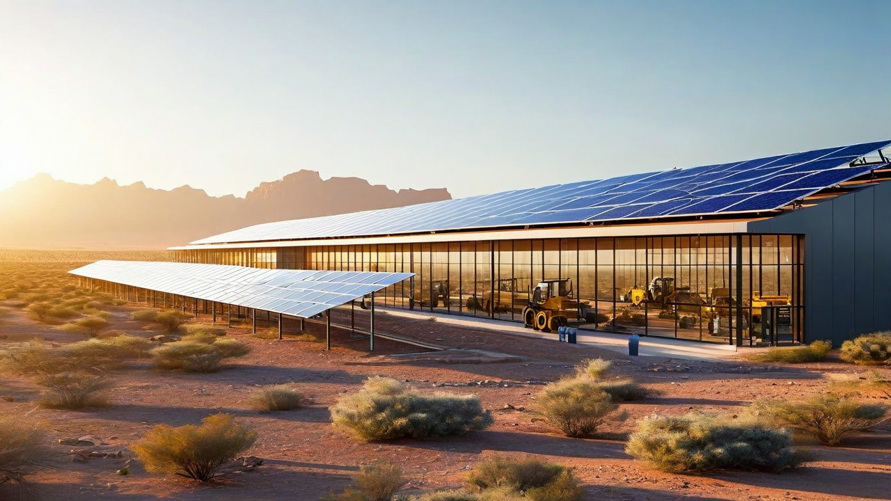 Industrial facility powered by renewable energy systems.