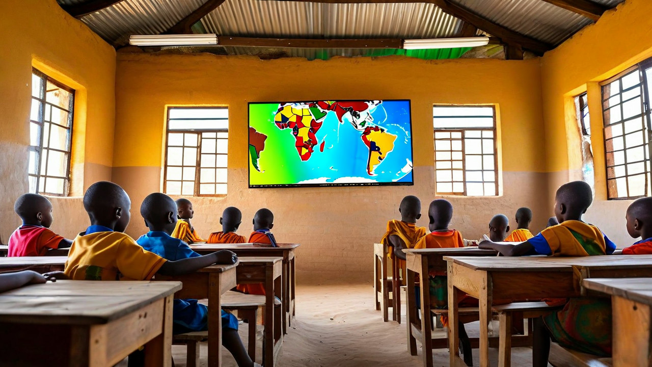 Students using laptops in a solar-powered school.