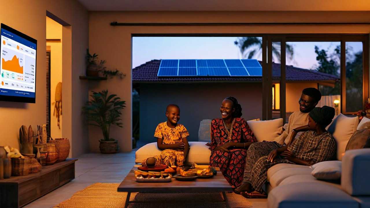 Family reading under solar-powered lighting.