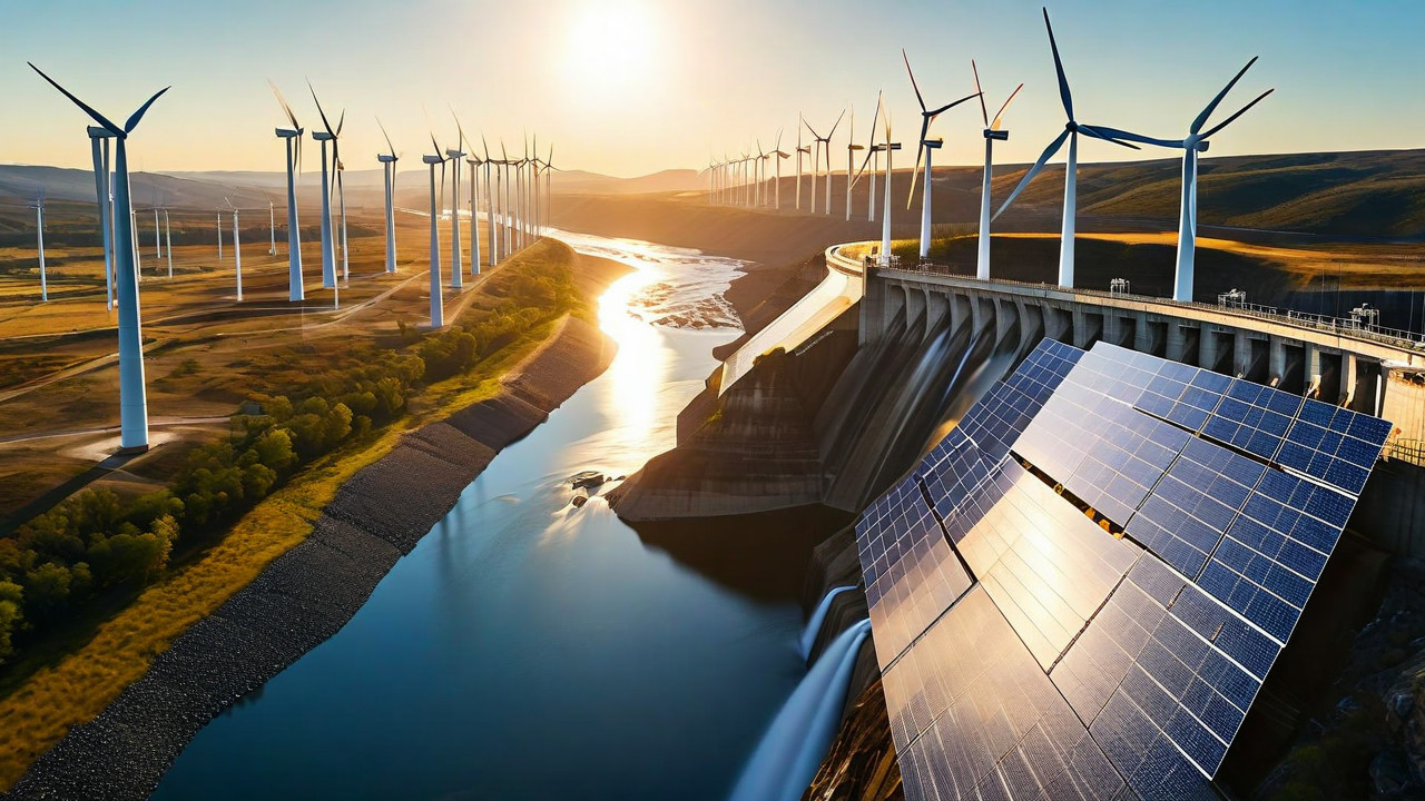 Combination of solar, wind, and hydro renewable energy sources.